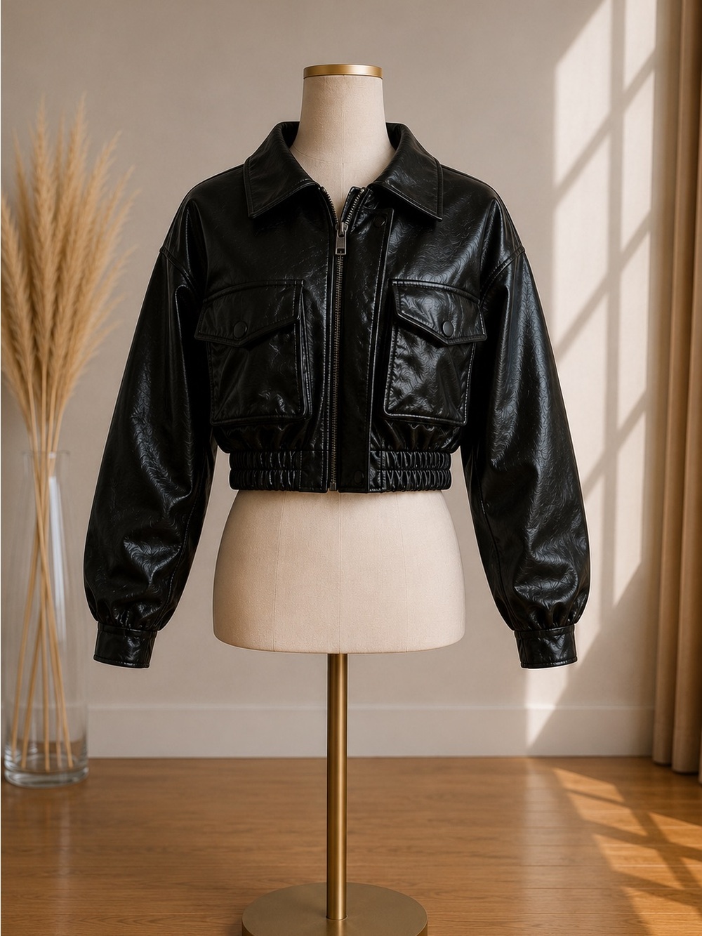 Cropped Black Faux Leather Jacket - Women